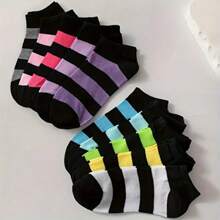 10/5 pares Calcetines cortos para mujer de colores caramelo con estampado de corazones y rayas - Mezcla de poliéster transpirable, con detalle acanalado, para uso casual y de moda