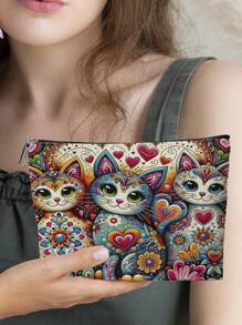 1 件小鸡波西米亚猫印花零钱包拉链化妆包女士女孩礼物隐形拉链，适用于假日海滩、浴室收藏、卧室收藏，大容量