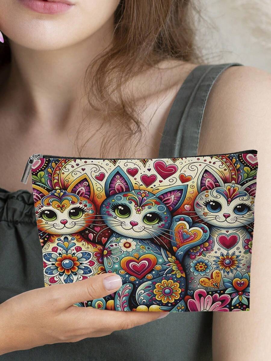 1 件小鸡波西米亚猫印花零钱包拉链化妆包女士女孩礼物隐形拉链，适用于假日海滩、浴室收藏、卧室收藏，大容量