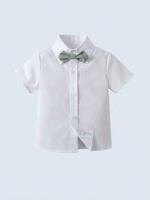 BOARNSEORL 2pcs Young Boys Gentleman Outfit, White Shirt With Bowknot And Light Green Suspender Shorts, Fashionable And Stylish For Birthday Party, Wedding, Pageboy, Daily Wear, Summer - Green - View 5