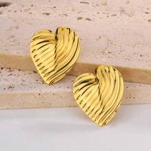 1 对/4 对复古金属几何光泽不对称图案心形设计耳钉女士款，百搭不锈钢
