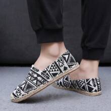 Men's Round Toe Linen Canvas Handmade Stitched Slip-On Casual Shoes - Black and White - View 5