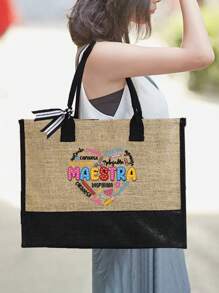 Maestra Theme Handbag And Cosmetic Bag Set, Includes 1 Linen Tote Bag And 1 Zipper Cosmetic Bag, With Scarf And Shoulder Strap, Can Be Used As Handbag, Shoulder Bag, Large Capacity Linen Shopping Bag, Heart Pattern And Pencil Case - Multicolor - View 2