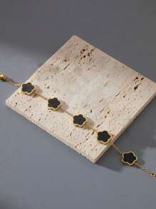 1 件/2 件套装男士黑白花卉个性化堆叠手链套装，不锈钢不褪色手链 - 黑綠 - 查看 9