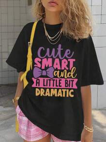 Tween Girls' Casual Slogan Printed Round Neck Pullover Short Sleeve T-Shirt For Summer - Black - View 1