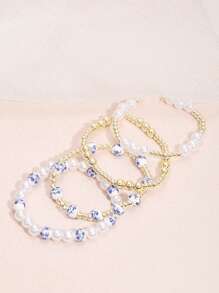 4pcs/Set Fashionable And Elegant Blue And White Porcelain Faux Pearl Beaded Golden Beaded Bracelets For Women Stackable 14K Gold Plated Stretch Bead Ball Bracelet Jewelry Set Chinese Style Bracelet Gifts For Woman Teen Girls Valentines Day Summer Jewelry,Mom,Mother,Mother's Day,Gift - Nhiều màu - Xem 3