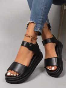 2025 Summer New Round Toe Mid-Heel Roman Sandals, Thick Sole Slip-On Elastic Band Beach Shoes For Plus Size Women,Comfortable Thick Sole Versatile Sandals And Casual Shoes For Women - 黑色 - 查看 6