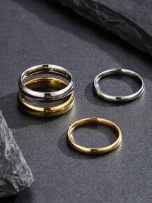 4pcs Smooth Stainless Steel Couple Rings Set, Plain Stackable Bands For Daily Wear And Valentine's Day Gift - 4 Pieces In Various Colors - View 5