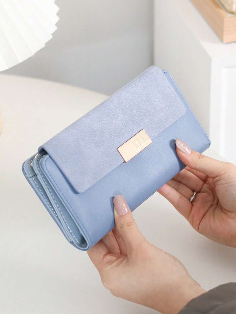 1pc Blue Long Wallet, 2025 New High-End Luxury PU Leather Solid Color Snap Button Zipper Long Wallet, Collegiate Style Minimalist Fashion Streetwear Multifunctional Phone Holder Wallet, Gift, Party, Niche Ladies Card Holder - Blue - View 1