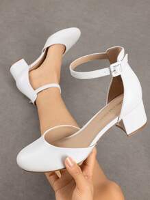 Women's Ankle Strap Chunky Heel Pumps Closed Round Toe Low Block Heels Elegant Simple Wedding Office Party  Dress Shoes - 白色 - 查看 7
