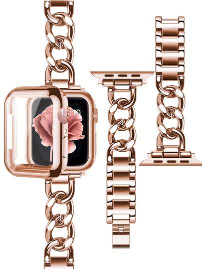 二合一兼容 保险杠外壳和表带组合套装，玫瑰金色，柔软 TPU 全覆盖保护壳，防刮屏幕保护膜，可调节金属表带，适合