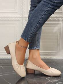 Teenagers' Soft Sole Comfortable Slip-On Flat Loafers, Fashion Pleated Casual Versatile Simple Chunky Heeled Girl Slouchy Shoes