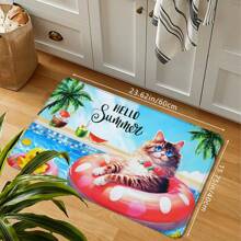 1pc Creative Summer Multicolor Pool Kitty Printed Doormat, Soft Non-Slip Absorbent Machine Washable Anti-Fatigue Kitchen Mat, Rectangular Low Pile Rug For Living Room, Bedroom, Kitchen, Laundry Room, Holiday Home Decor