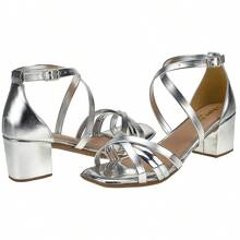 Women's Sandals With Low Thick Heel And Square Toe, X-Strap - Silver - View 4