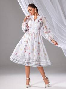 女士花卉印花蕾丝边休闲日常长袖连衣裙