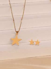 3pcs/Set Fashionable Stainless Steel Star Necklace Earring Set, Moon Star Necklace Earring Set, Simple Engagement Jewelry Set, Holiday Gift, Neutral Style, Suitable For Daily Wear