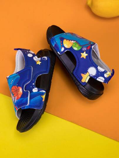 1 par de sandalias planas suaves, ligeras y antideslizantes con estampado de mundo animal de dibujos animados para niños pequeños, cómodas y de moda, para primavera/verano