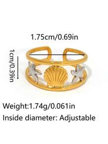 Frminee 1pc/2pcs Summer Retro Shell Starfish Coconut Tree 18k Gold Stainless Steel Ring, Suitable For Daily Vacation Party Wear, Spring And Summer Beach Wear, Waterproof - Multicolor - View 5