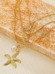 1 件时尚海洋风格三层珍珠、海星、贝壳吊坠项链、复古合金项链，适合女士 - 金色 - 查看 3