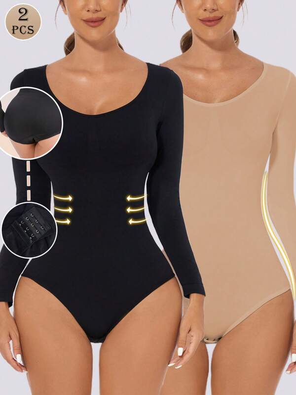2pcs Women's Long Sleeve Shapewear Bodysuit, Tummy Control, Seamless, Casual Daily Wear