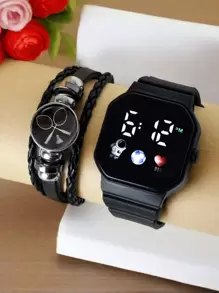 2pcs/ Set 1pc LED Digital Display Electronic Watch + 1pc Football/Basketball/Badminton/Volleyball/Baseball/Rugby Leather Braided Rope Bracelet Personalized Simple Beaded Bracelet Creative Fan Souvenir Gift Bracelet Astronaut Football Basketball Rugby The Best Choice For Holy Day, Christmas, Valentine's Day, Mother's Day, Holiday Gifts - Black - View 10