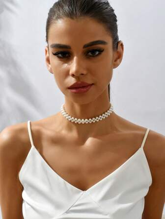 1pc Classic Pearl Braided Choker Necklace, Suitable For Daily Wear, Parties, Funerals, Great Gift For Women