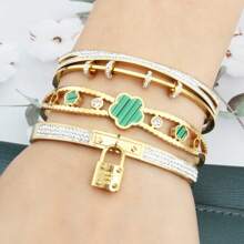 3/1 套装时尚珠宝派对珠宝镀金女士手链，节日风格三叶草方晶锆石吊坠项链配饰，节日礼物 - 小鎖吊墜組合款 - 查看 1