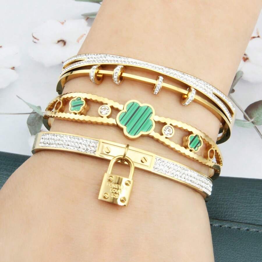 3/1 套装时尚珠宝派对珠宝镀金女士手链，节日风格三叶草方晶锆石吊坠项链配饰，节日礼物 - 小鎖吊墜組合款 - 查看 1