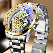 New Men's Luxurious Double-Sided Transparent Hollow Watch With Night Light And Water Resistance, Made Of Stainless Steel And Quartz Movement. A Brand-New Luxurious Business Watch, Fashionable Dress Accessory, Souvenir. Suitable As Gifts For Father's Day, Valentine's Day, Birthday, Graduation, Or Back-To-School. - Multicolor - View 14