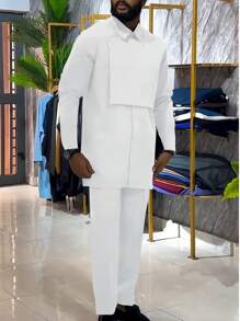 2pcs/Set Men's White Dashiki Set, Unique Patchwork Design, Button-Down Collar Long Sleeve Shirt And Elastic Waist Pants, African Style Casual Outfit, Suitable For Street Style, Party, Date, Wedding And Cultural Events
