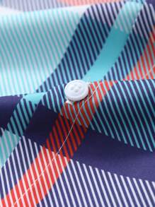 Men's Casual Short Sleeve Plaid Shirt, Navy Blue & Red Check Pattern, Summer - Navy Blue - View 5