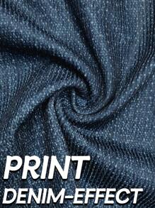 Plus Size Women Elastic Fitted Printed Shorts, With Denim Effect All-Over Pattern, Fashionable Casual Comfortable Washable Outdoor Sports Shorts For Summer - Navy Blue - View 5