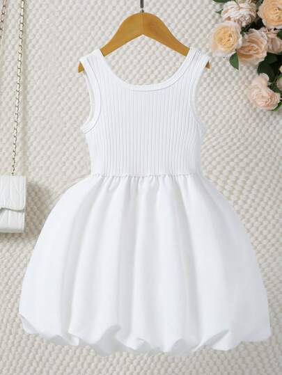 4-7 Years Old Girls Cute Sweet Sleeveless Dress, Top In Ribbed Knit Fabric For Comfort, Fluffy Bubble Skirt For Playful Princess Vibe, Suitable For Daily Wear, Pool Party And More