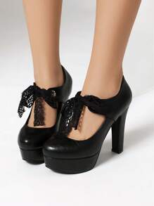 蕾丝蝴蝶结2025春秋季新款韩版尖头真皮黑色高跟鞋粗跟上班通勤面试女鞋欧美风格派对鞋