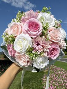 1 件新娘婚礼花束人造花束用于婚礼丝绸新娘伴娘手捧花花束用于情人节装饰婚礼派对用品家居装饰仿珍珠蕾丝网玫瑰花束情人节情人节 - 彩色 - 查看 8