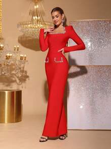 Nuevo vestido ajustado de manga larga con aplicación de rhinestones en rojo para mujer, diseño elegante de vendaje, adecuado para fiestas, bodas, graduaciones, galas, homecoming, vestido de fiesta, vestido de invitada de boda, vestido de gala, vestido de noche.