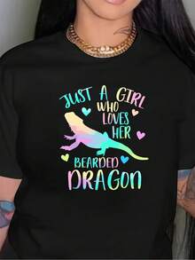 Women's Bearded Dragon Lover Pattern T-Shirt - Casual Fabric, Round Neck Design, Comfortable For All Seasons, Plus-Size Letter Print Short-Sleeve Top, Perfect For Daily Wear, Loose Fit, Stylish Print, Breathable Material, Soft Fabric, A Must-Have For Reptile Enthusiasts - 黑色 - 查看 1