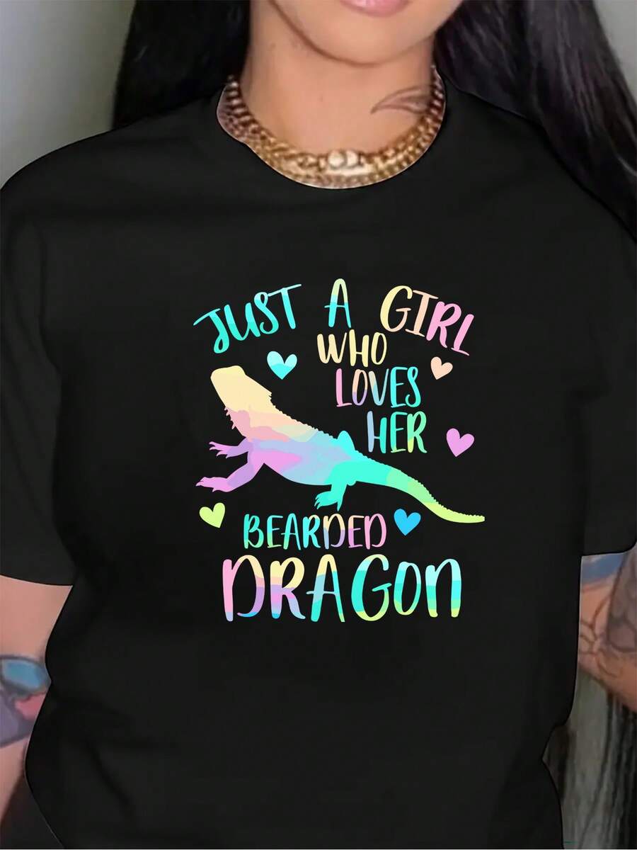 Women's Bearded Dragon Lover Pattern T-Shirt - Casual Fabric, Round Neck Design, Comfortable For All Seasons, Plus-Size Letter Print Short-Sleeve Top, Perfect For Daily Wear, Loose Fit, Stylish Print, Breathable Material, Soft Fabric, A Must-Have For Reptile Enthusiasts - 黑色 - 查看 1