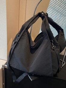 华夫格子图案大容量休闲风格女士单肩包，休闲学院风单肩斜挎包 - 黑色 - 查看 3