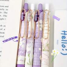 4 支紫色凝胶墨水笔，快干塑料圆珠笔，0.5 毫米，各种花卉图案 - 4支裝 - 查看 3