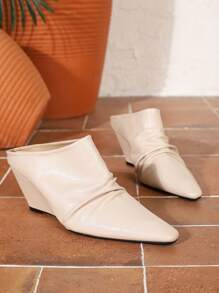 Women's Fashion Korean Style Closed Toe Mules With Square Toe, European & American Style Platform Slip On Slippers With Rough Heel, Handmade Pleated Versatile Backless Loafers For Daily Wear