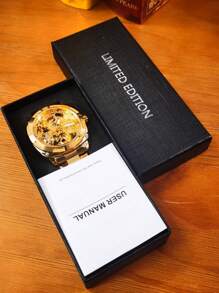 FORSINING 1pc Men Luxury Retro Gold Square Transparent Skeleton Automatic Mechanical Watches Luminous Hands Stainless Steel Strap Business Casual Men Watch Festival Birthday Gifts