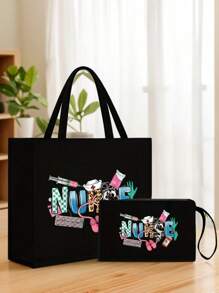 护士主题手提包，轻便购物袋，兼具便携旅行沙滩包和化妆包功能，配有听诊器、注射器图案印花设计，亚麻大容量手提包，手提包和化妆包套装