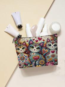 1 件小鸡波西米亚猫印花零钱包拉链化妆包女士女孩礼物隐形拉链，适用于假日海滩、浴室收藏、卧室收藏，大容量