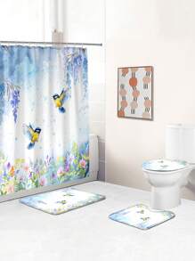 1pc/4pcs Floral Print Multipurpose Bathroom Decor Set Includes: Waterproof Shower Curtain With 12 Hooks, Bathroom Anti-Slip Mat, U-Shaped Toilet Mat, Round Toilet Lid Mat - Suitable For All Bathroom Scenes Back To School