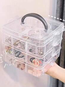 1pc 3-Layer Transparent Plastic Storage Box, Jewelry Box, Jewellery Box, Storage Cabinet, Storage Box, White, Easter Elements, Can Be Used For Cosmetics, Jewelry, Toys, Socks Etc., With Handle Multi-Compartment Component Box Electronic Parts Screw Accessory Tool Sorting Grid Dustproof Large Capacity Hair Accessories Earrings Necklaces Beads Craft Supplies Box, Valentine's Day Gift, Christmas Gift Back To School