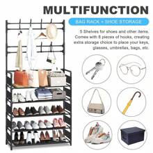 Space-Saving 5-Tier Metal Shoe & Coat Rack - Heavy-Duty 3-In-1 Organizer With 8 Hooks For Hallway, Entryway & Small Spaces, SpringCleaning - Black - View 3