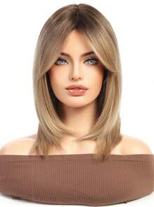 14 Inch High Quality Women's Wig, Natural Brown Color With Bangs And Layered Style, Made Of Heat-Resistant Synthetic Fiber, Suitable For Vacation, Travel, Cosplay, Parties And Daily Wear - Ombre - View 7