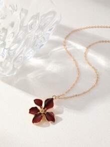 1pc Fashion Teardrop Glazed Pink & Red Flower Pendant Necklace, Burgundy Flower Charm Necklace, Daily Wear Accessory For Women - Multicolor - View 8