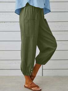 New European & American Style Loose High Waist Button Closure Linen Ankle Length Wide Leg Pants For Women Spring - Army Green - View 3